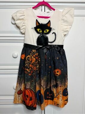 Mini Taylor Girls 8-9Y Halloween Black Cat Pumpkin Dress Ruffle Sleeve